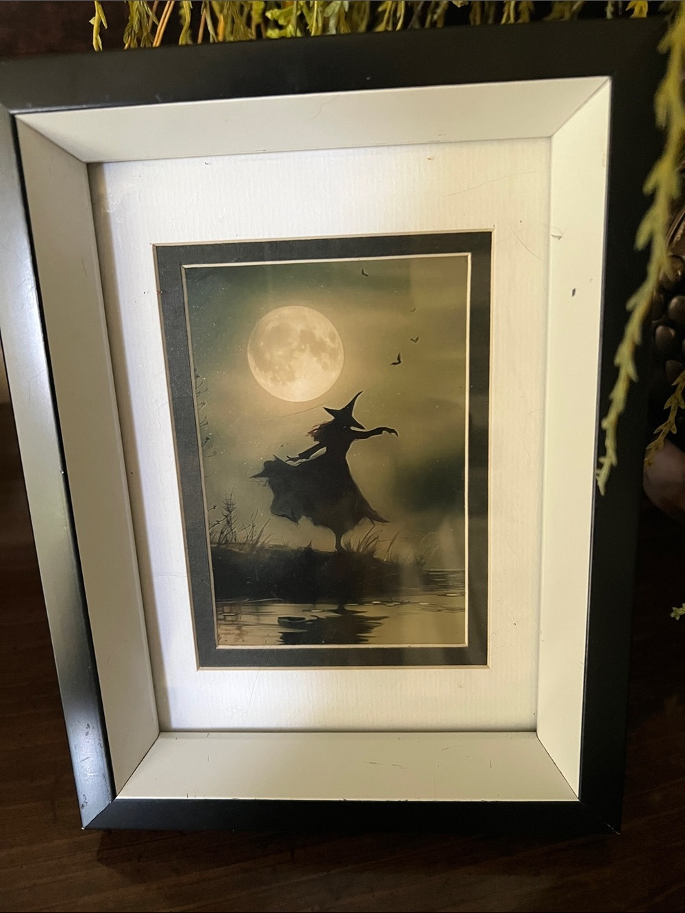 Framed Witch Silhouette Moonlight Art Print - Black and White